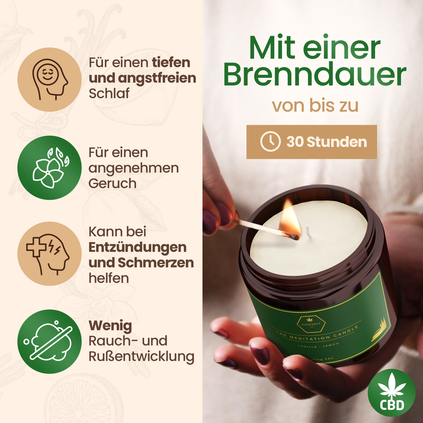 Handgegossene CBD Duftkerze - Vanille x Zitrone